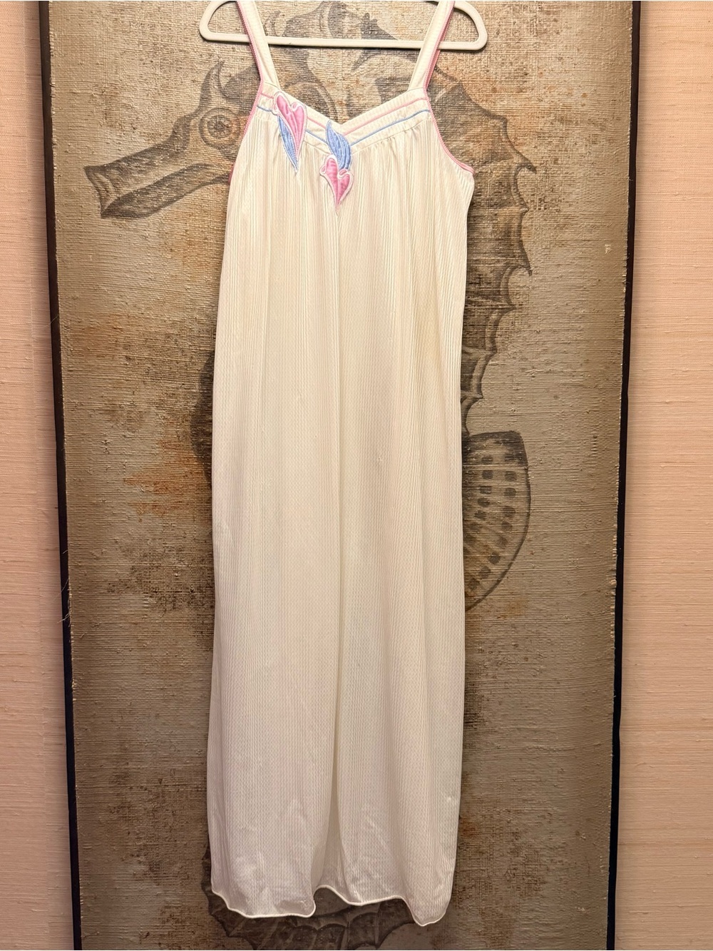 Vintage Vanity Fair Nightgown White Pink Blue Floral Appliqué Made in USA